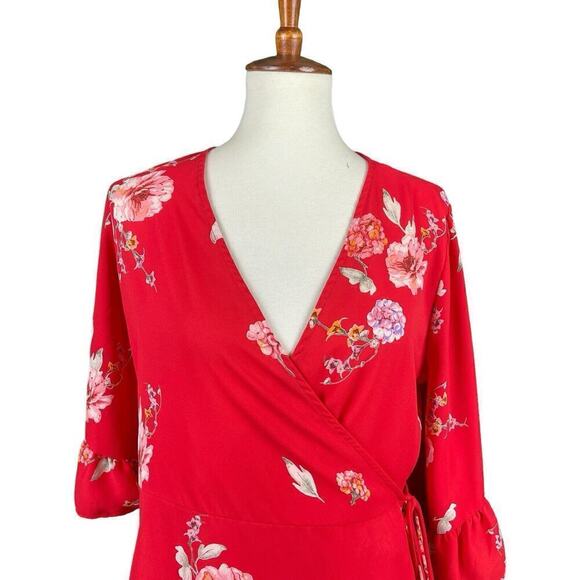 Pleione Coral Pink Wrap Blouse Floral Print Women Medium Ruffle Sleeve Flowy - Picture 9 of 13